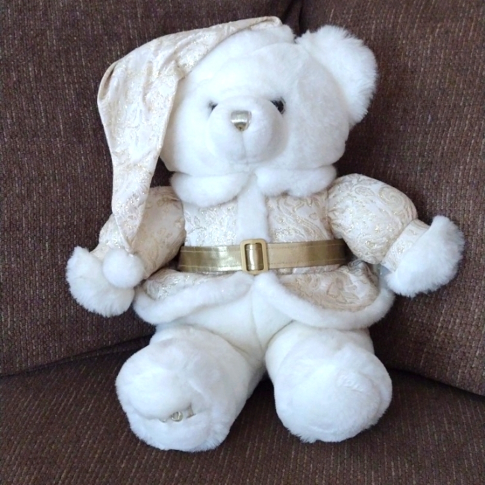 Christmas Bear Gold & White by Tb Toy Trading Co. made in Taiwan 2001 Vintage